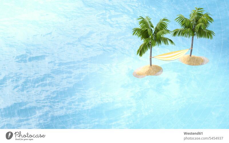 3D-Illustration, Hängematte zwischen zwei Inseln, Palmen Sehnsucht Erwartung sehnsüchtig Streben Luxus Luxuriös Luxurioes Zufriedenheit Zufriedenstellung