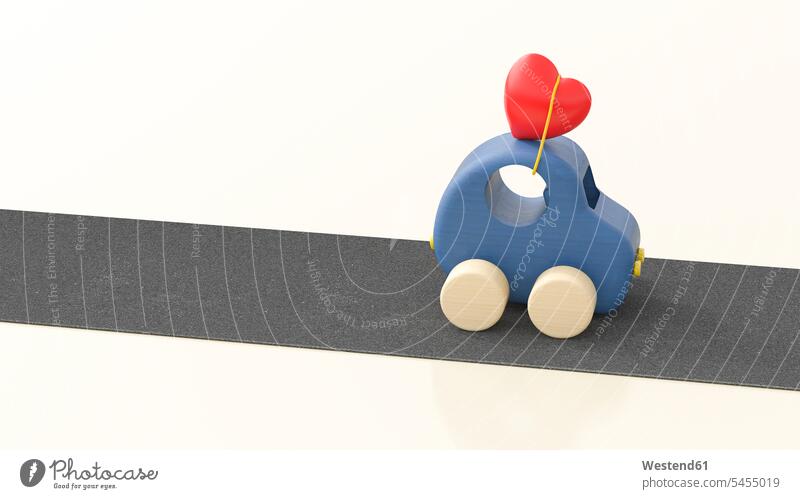 Hölzernes Spielzeugauto mit Herz auf dem Dach, 3D-Rendering Hochzeitsreise Flitterwochen Verabredung verabreden hölzern wolkenlos ohne Wolken Textfreiraum