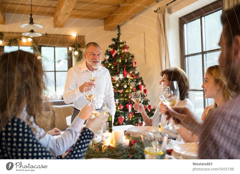 Älterer Mann hält beim Weihnachtsessen eine Rede mit der Familie Weihnachten Christmas X-Mas X mas Familien feiern Feste Festtag Festtage Mensch Menschen Leute