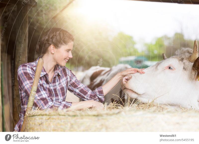 Lächelnde Frau kümmert sich um eine Kuh auf einem Bauernhof weiblich Frauen Kühe Kuehe Farmen Bauernhoefe Bauernhöfe Fürsorge kümmern fürsorglich Pflege lächeln