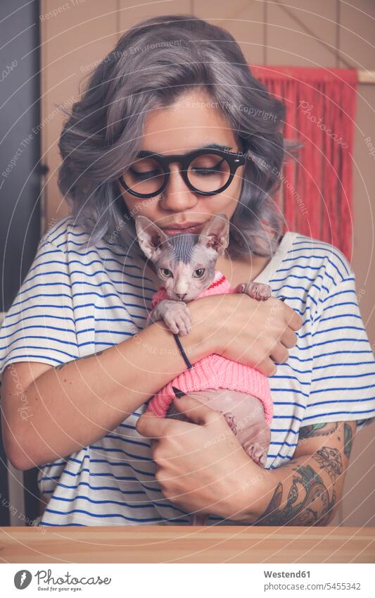 Junge Frau hält Sphynx-Katze im Pullover Katzen weiblich Frauen Haustier Haustiere Tier Tierwelt Tiere Erwachsener erwachsen Mensch Menschen Leute People