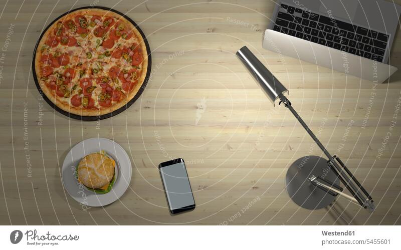 Pizza und Hamburger auf einem Schreibtisch mit Lampe und Laptop Technologie Technologien Technik Pizzen Erfrischung erfrischen erfrischend WLan Wireless Lan
