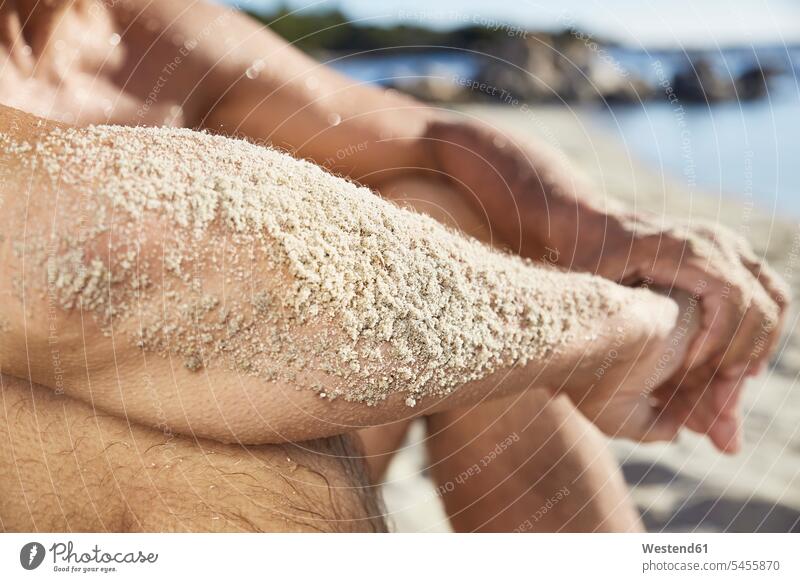 Sandfarbener Unterarm eines Mannes beim Entspannen am Strand, Nahaufnahme Beach Straende Strände Beaches Männer männlich Erwachsener erwachsen Mensch Menschen