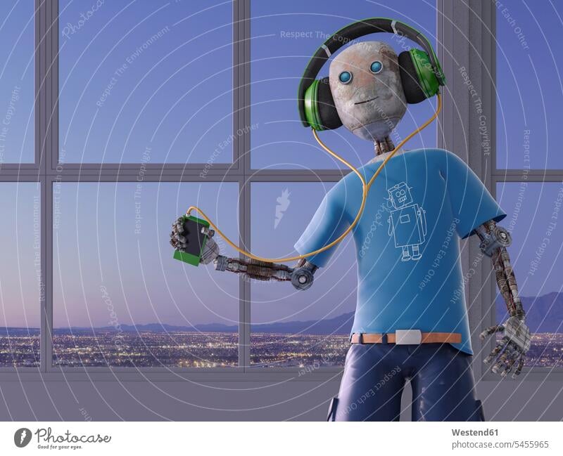 Roboter hört Musik mit Kopfhörern, 3D-Wiedergabe Abendstimmung Fensterscheibe Fensterscheiben Stimmungsvoller Himmel gute Laune Smartphone iPhone Smartphones
