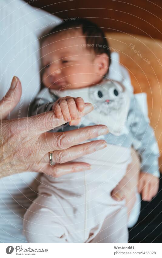 Urenkelin hält den Finger ihrer Urgrossmutter, Nahaufnahme Großenkelinnen Urenkelinnen Grossenkelin Grossenkelinnen Baby Babies Babys Säuglinge Kind Kinder