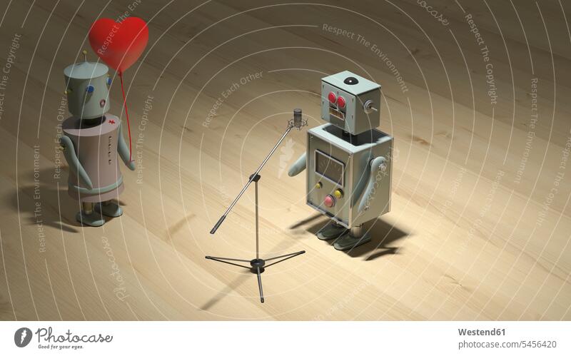 Männlicher Roboter singt ein Liebeslied für weiblichen Roboter Mikrofon Mikrophone Mikrofone weibliches weiblicher männlich männliche männlicher Maschine