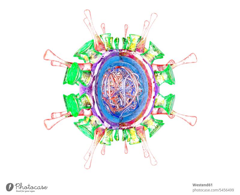 Grippe-Virus, 3D-Darstellung Form Formen Viren Gesundheitswesen Forschung Forschen Kugelform Kugelformen weißer Hintergrund weisser Hintergrund Makro