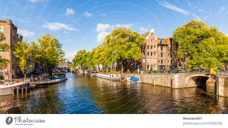 Niederlande, Amsterdam, Hausboote an der Brouwersgracht Niemand Baum Bäume Baeume typisch Städtereise City Trip Kurztripp City Break vertäut vor Anker liegend