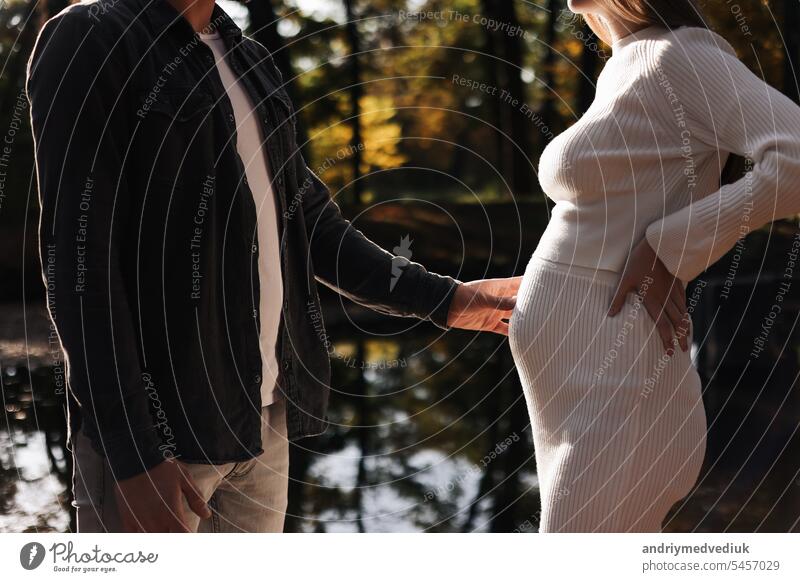 beschnitten Foto von Paar, Mann und schwangere Frau halten die Hände und zu Fuß durch den See auf Sonnenlicht Sonnenuntergang. Glückliche Familie genießt die Schwangerschaft in der Natur. Das Konzept der Muttertag und Tag der Frauen.