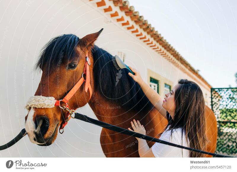 Teenager mit Down-Syndrom kümmert sich um Pferd und bereitet Pferd zum Reiten vor Jahreszeiten sommerlich Sommerzeit freuen Glück glücklich sein glücklichsein