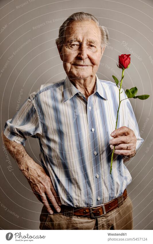 Porträt eines lächelnden älteren Mannes mit roter Rose Leute Menschen People Person Personen Europäisch Kaukasier kaukasisch 1 Ein ein Mensch nur eine Person