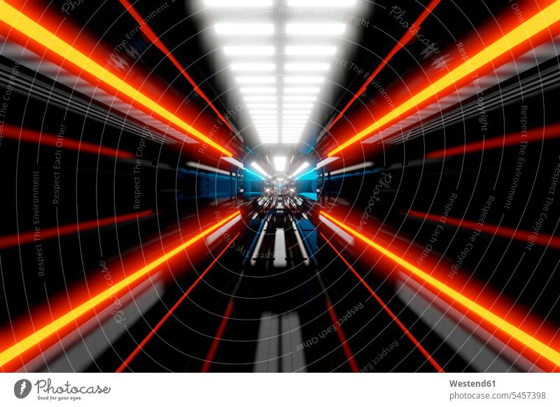 3D-gerenderte Illustration, Visualisierung eines Science-Fiction-Raumschiffs, Gangway beleuchtet Beleuchtung Raumfahrzeug Weltraumfahrzeug Weltraumfahrzeuge