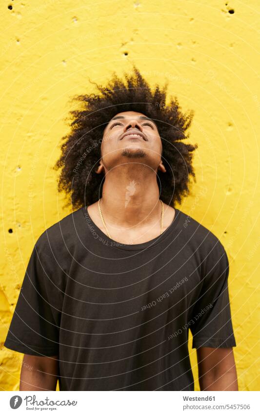 Porträt eines jungen Mannes mit Afro gegen gelbe Wand nach oben blickend Leute Menschen People Person Personen Afrikanisch Afrikanische Abstammung dunkelhäutig