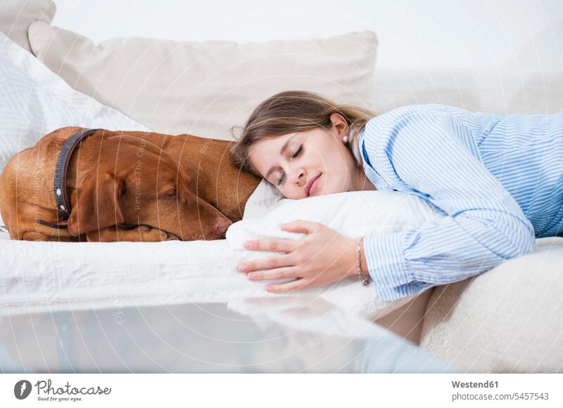 Hübsche junge Frau schläft mit Hund auf dem Sofa im heimischen Wohnzimmer Farbaufnahme Farbe Farbfoto Farbphoto Innenausstattung Wohnraum Wohnungseinrichtung
