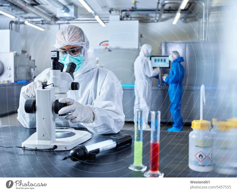 Chemiker bei der Arbeit im Industrielabor, in Schutzkleidung, mit Mikroskop Schutzanzug Schutzanzuege Schutzanzüge Chemikanten arbeiten Chemielabor