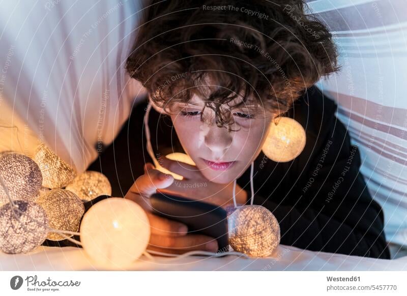 Junge mit Lichterkette unter der Bettdecke, der sein Handy benutzt Leute Menschen People Person Personen gelockt gelockte Haare gelocktes Haar lockig