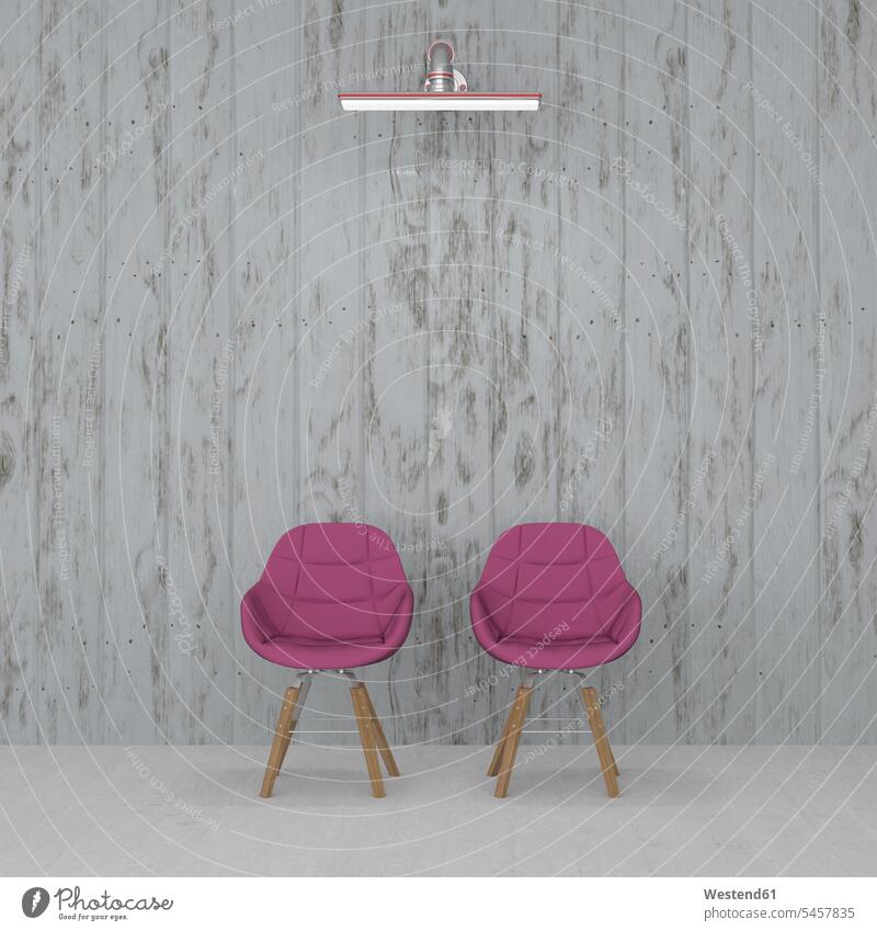 3D-Rendering, Zwei Stühle vorne an der Wand, beleuchtet von einer Wandleuchte Lampe Leuchte Lampen Schlichtheit Einfachhheit einfach Holzwand Holzwände