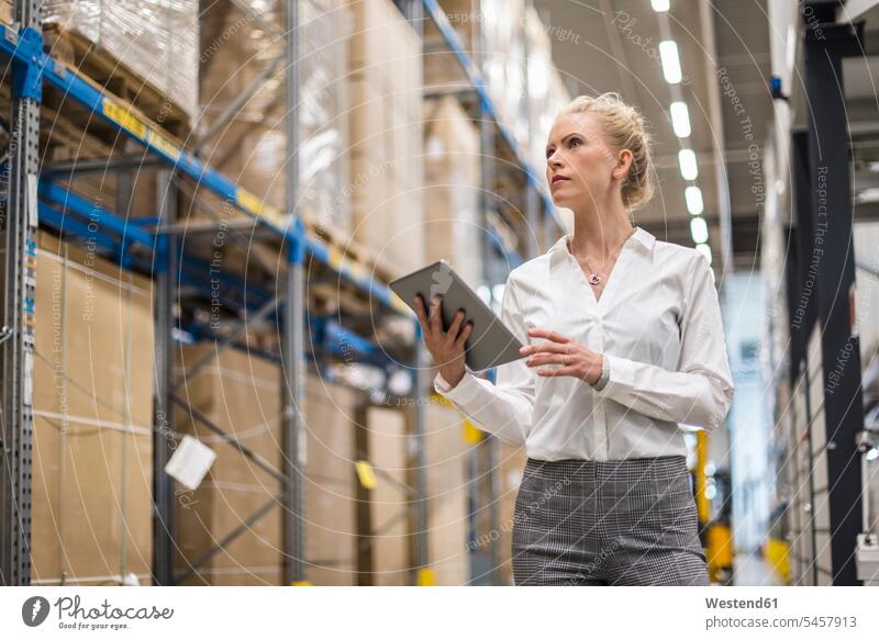 Frau mit Tablette in Fabriklager schaut auf Regal Fabrikhalle Industriehallen Fabrikhallen weiblich Frauen ansehen Fabriken Ablage Regale halten Tablet Computer