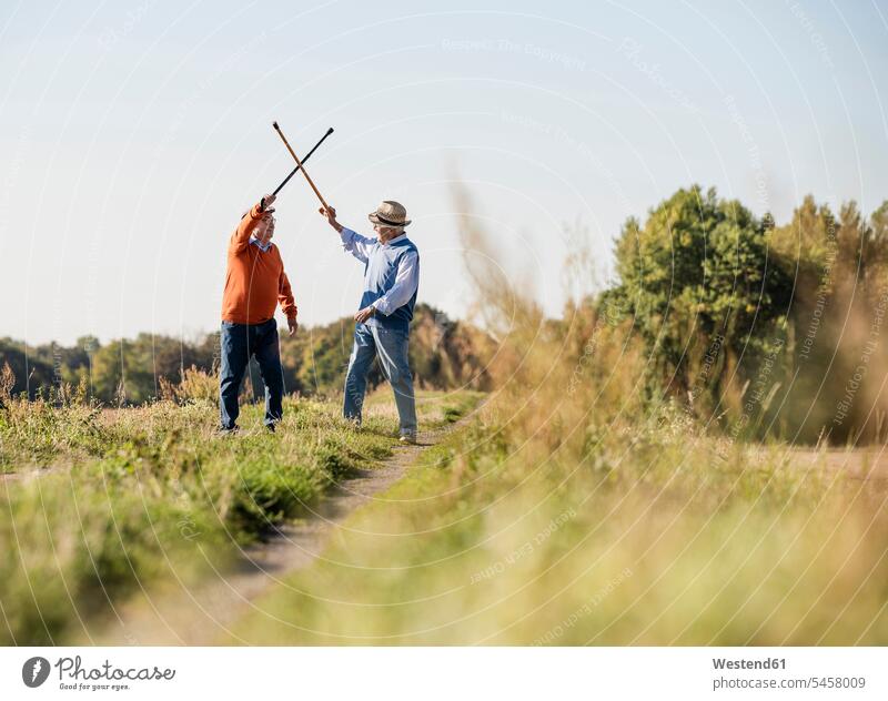 Zwei alte Freunde beim Fechten auf den Feldern mit ihren Wanderstöcken Rivale Rivalen kämpfen kaempfen Fechtsport Gehstock Spazierstöcke Gehstöcke Wanderstock