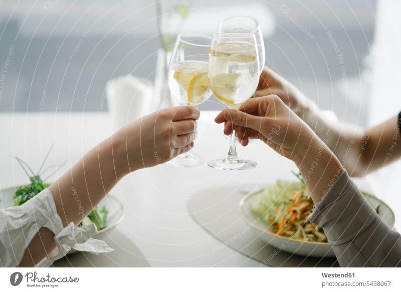 Nahaufnahme von drei Frauen, die in einem Restaurant Gläser mit Wasser anstoßen Freundinnen Gericht Gerichte Gemeinsamkeit zusammen gemeinsam Gesunde Ernährung