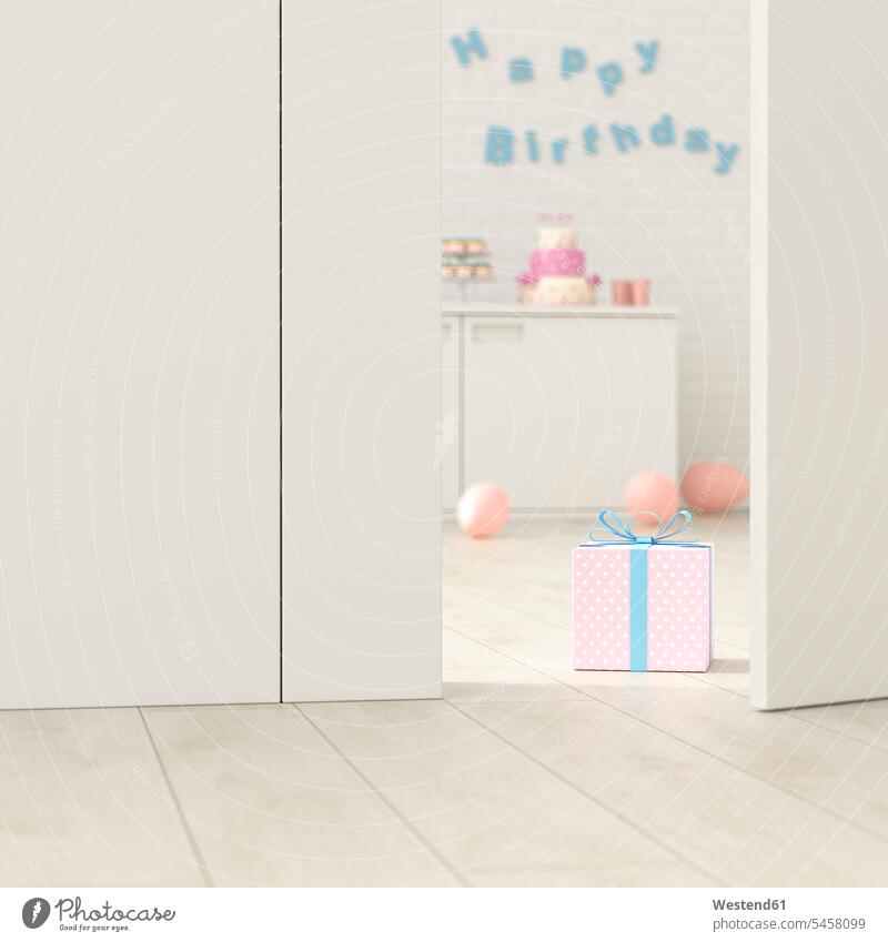 Geburtstagsraum hinter angelehnter Tür, 3D-Rendering Möbel Mobiliar Einrichtungsgegenstand Einrichtungsgegenstände Lifestyle Lebensstil Häusliches Leben Wohnen