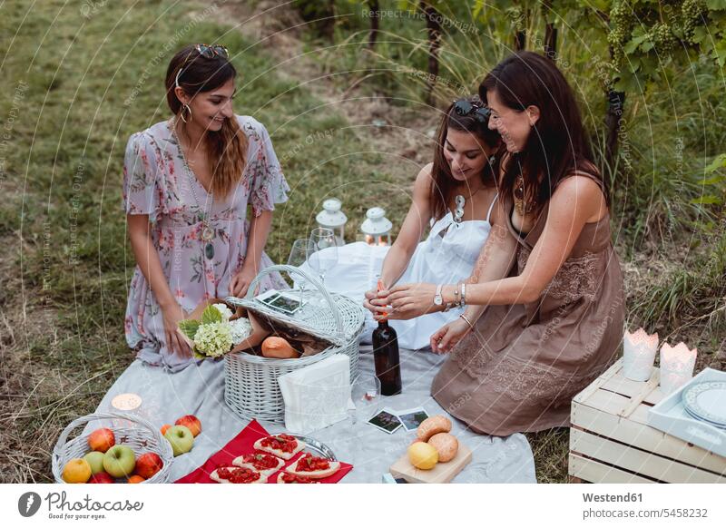 Freunde beim Sommerpicknick im Weinberg Sommerzeit sommerlich trinken Picknick picknicken Weingaerten Weingarten Weingärten Weinberge Freundinnen Mahlzeit