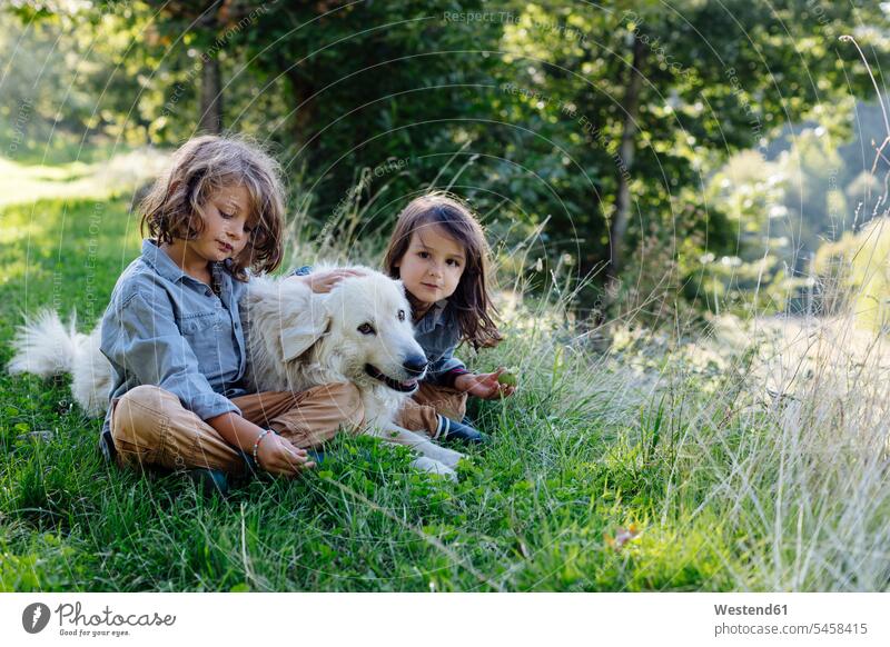 Zwei Kinder entspannen mit Hund auf einer Wiese Leute Menschen People Person Personen Europäisch Kaukasier kaukasisch 2 2 Menschen 2 Personen zwei Zwei Menschen