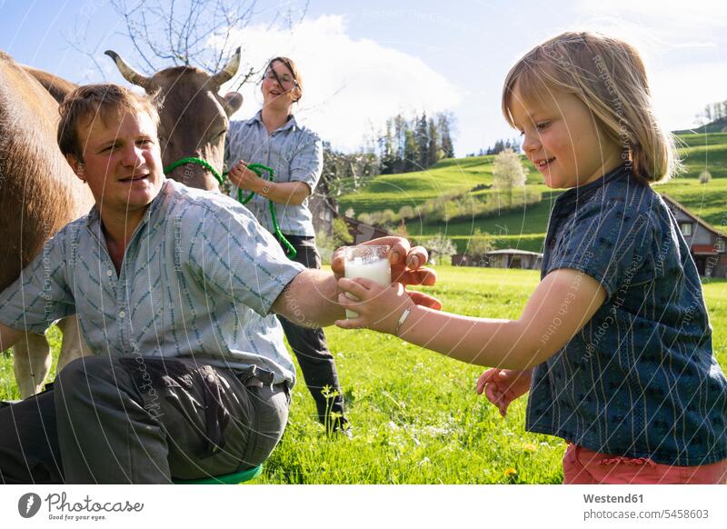 Landwirt gibt seiner Tochter ein Glas frische Milch von einer Kuh auf der Weide Job Berufe Berufstätigkeit Beschäftigung Jobs Bauern Landwirte Tiere Tierwelt
