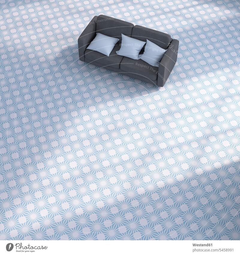 3D-Rendering, Couch mit Kissen auf gemustertem Boden Polster Textfreiraum Komfortabel Gemütlich Bequem Schlichtheit Einfachhheit einfach Fußboden Fußboeden