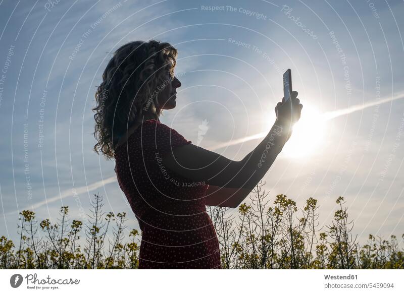 Silhouette einer reifen Frau, die ein Smartphone benutzt, während sie bei Sonnenuntergang am Himmel steht Farbaufnahme Farbe Farbfoto Farbphoto Deutschland