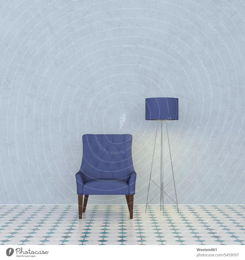 3D-Rendering, Blauer Sessel und Stehleuchte vor marmorierter Wand Fliese Kacheln Fliesen beleuchtet Beleuchtung Einrichtung altmodisch Vintage Wohnraum zuhause