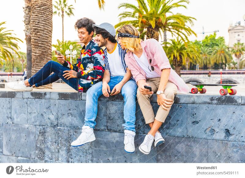 Drei Freunde sitzen auf einer Mauer und schauen auf ihr Handy Mauern Smartphone iPhone Smartphones ansehen sitzend sitzt Wand Wände Waende Mobiltelefon Handies