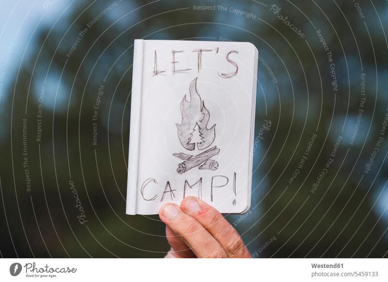 Hand in einem Wald, die ein "Let's Camp"-Schild hält Mann Männer männlich Camping Campen zelten halten Schilder Zeichen Hände Forst Wälder Erwachsener erwachsen