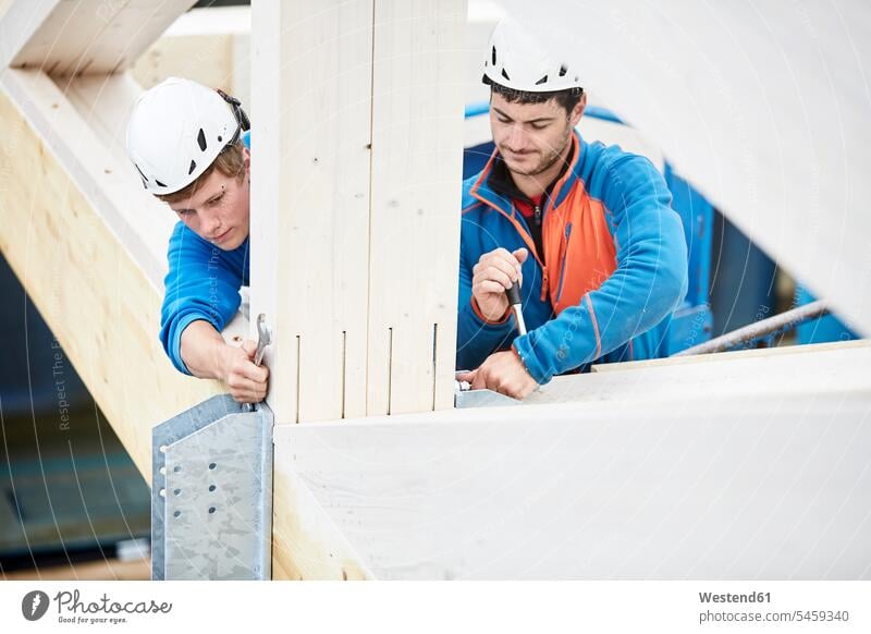Österreich, Arbeiter bei der Reparatur von Dachkonstruktionen Job Helm Helme befestigen Mann Männer männlich arbeiten Befestigung Befestigungen montieren