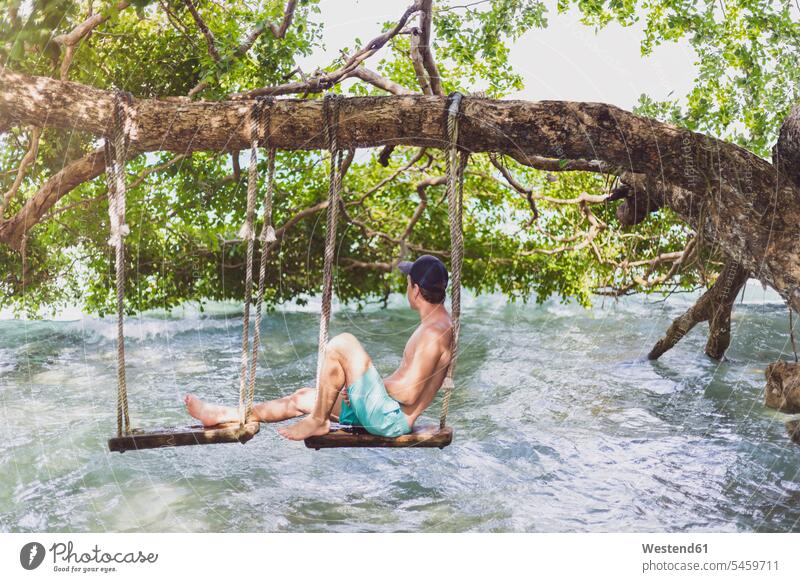 Mexiko, Yucatan, Quintana Roo, Lagune von Bacalar, Mann sitzt auf Baumschaukel über dem Wasser Schaukel Schaukeln Männer männlich Bäume Baeume sitzen sitzend