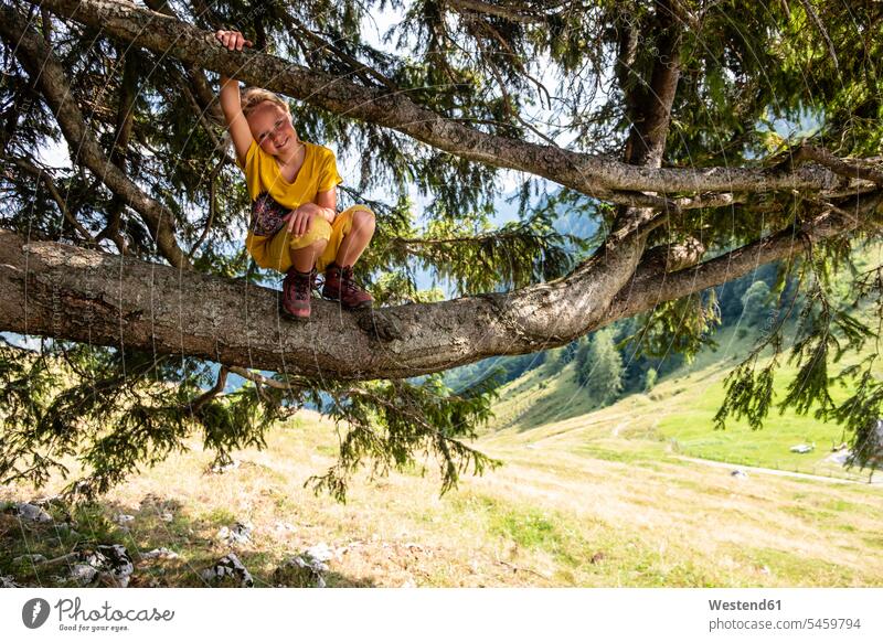 Porträt eines lächelnden Mädchens, das in einem Baum hockt Bäume Baeume hocken kauernd hockend weiblich Kind Kinder Kids Mensch Menschen Leute People Personen