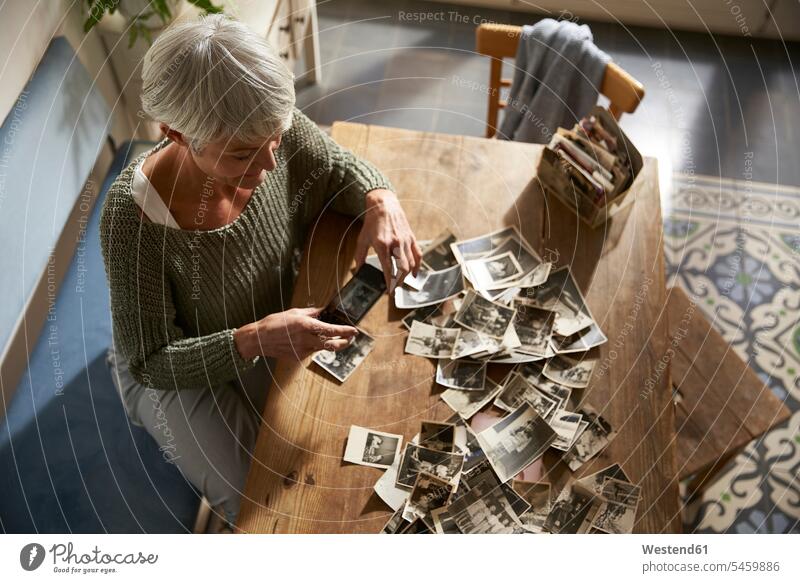 Ältere Frau sitzt zu Hause am Tisch und fotografiert alte Fotos mit dem Smartphone Leute Menschen People Person Personen Alleinstehende Alleinstehender Singles
