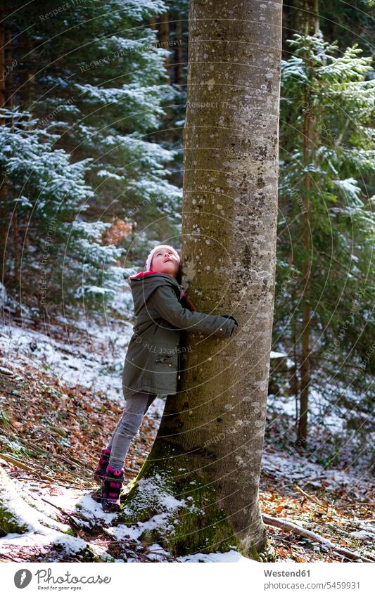 Mädchen umarmt Baum im Wald im Winter weiblich umarmen Umarmung Umarmungen Arm umlegen Forst Wälder winterlich Winterzeit Kind Kinder Kids Mensch Menschen Leute
