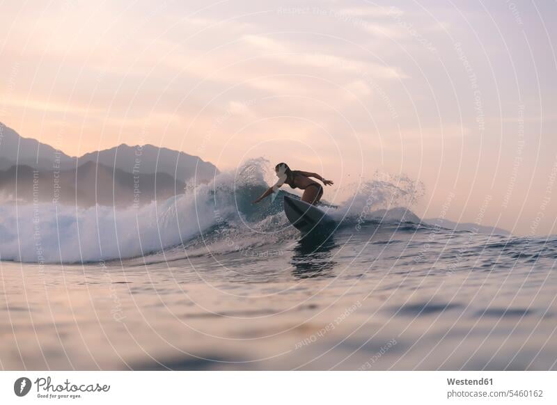 Indonesien, Sumatra, Surferin im Abendlicht abendliches Licht Surfen Surfing Wellenreiten Können Fähigkeit Fertigkeit Könnerschaft wellenreiten Stimmung