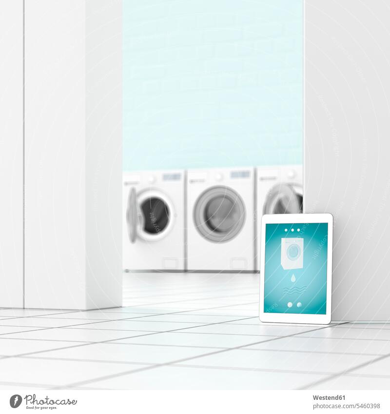 Tablette in der Waschküche, 3D-Wiedergabe dreidimensional 3-D 3-d Online Digitalisierung Individualität Individuell Automatisierung Technologie Technologien