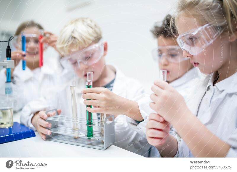 Schülerinnen und Schüler im naturwissenschaftlichen Unterricht experimentieren mit Flüssigkeiten in Reagenzgläsern Experiment flüssig Reagenzglas