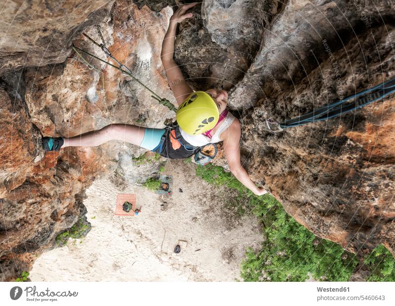 Thailand, Krabi, Insel Lao Liang-Island, Frau klettert in Felswand weiblich Frauen klettern steigen Felsen Erwachsener erwachsen Mensch Menschen Leute People