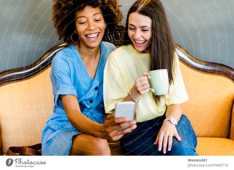 Fröhliche Frauen, die in einem modernen Café auf dem Sofa sitzend per Smartphone Selbsthilfe betreiben Farbaufnahme Farbe Farbfoto Farbphoto Innenaufnahme