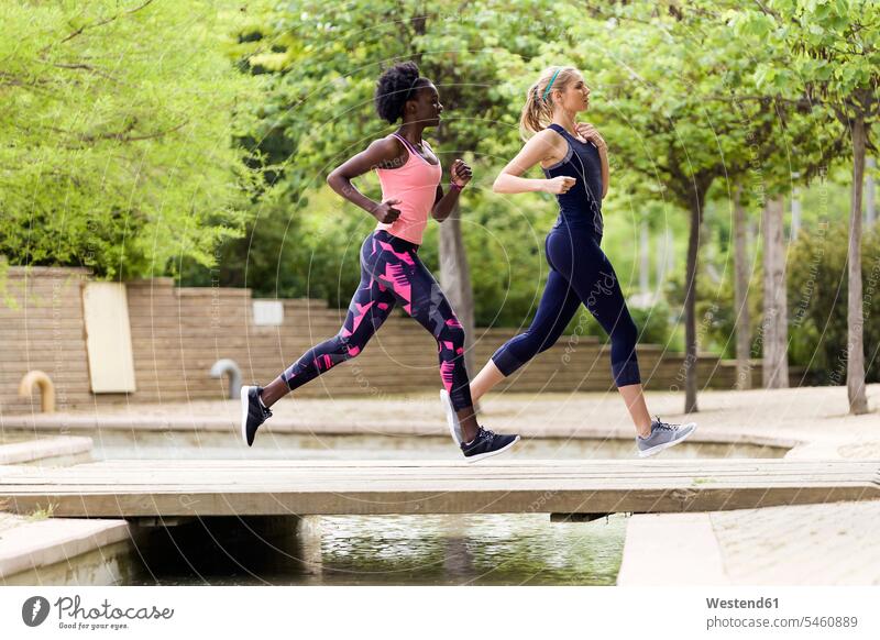 Zwei sportliche junge Frauen laufen zusammen in einem Park Gemeinsam Zusammen Miteinander Freundinnen Parkanlagen Parks rennen weiblich Joggen Jogging Freunde