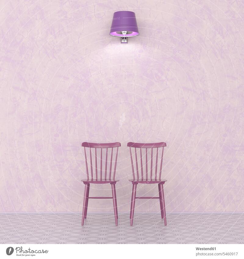 3D-Rendering, Zwei Stühle vorne an der Wand, beleuchtet von einer Wandleuchte Lampe Leuchte Lampen Schlichtheit Einfachhheit einfach Beleuchtung