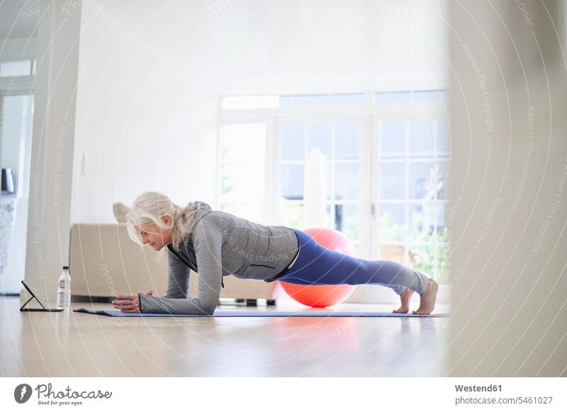 Aktive Seniorin beim Üben der Plank-Position auf der Matte zu Hause Farbaufnahme Farbe Farbfoto Farbphoto Dänemark Skandinavien Innenaufnahme Innenaufnahmen