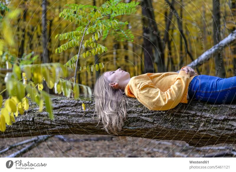 Mädchen liegend auf Baumstamm in herbstlichen Wald entspannen Entspannung relaxen weiblich Forst Wälder liegt Stamm Stämme Baumstämme Kind Kinder Kids Mensch