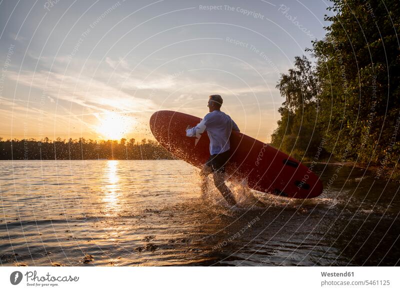 Mann mit Paddleboard zu Fuß in den See bei Sonnenuntergang Seen gehen gehend geht Sonnenuntergänge Männer männlich Paddelbrett Gewässer Wasser Stimmung