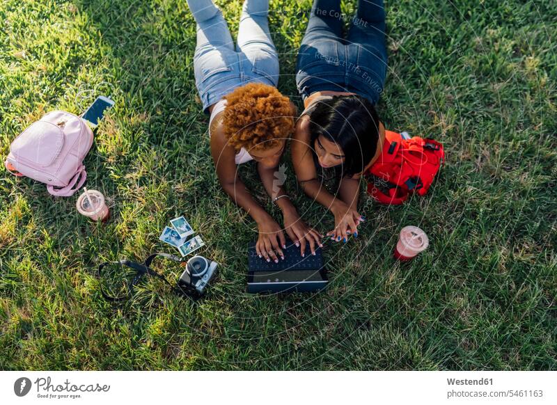 Zwei Freundinnen entspannen sich in einem Park und benutzen ein Tablet Parkanlagen Parks Tablet Computer Tablet-PC Tablet PC iPad Tablet-Computer entspannt