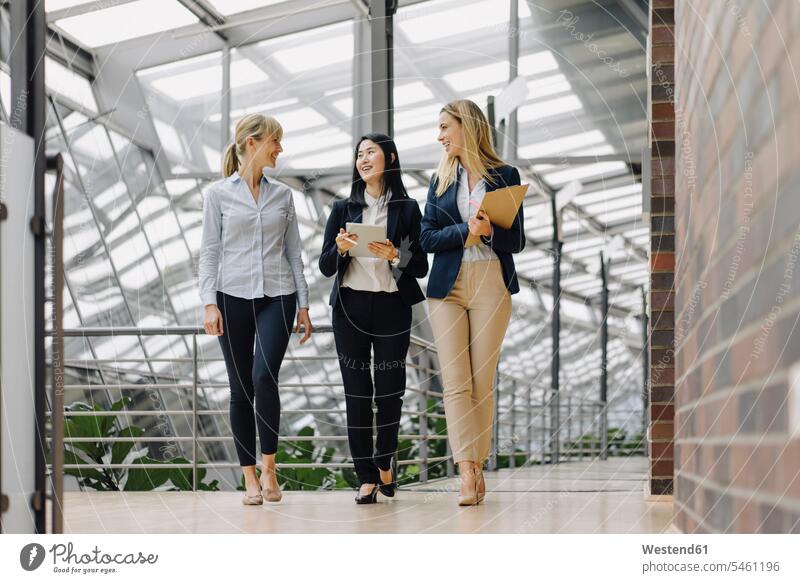Drei Geschäftsfrauen mit Tabletts gehen und sprechen in modernem Bürogebäude Job Berufe Berufstätigkeit Beschäftigung Jobs geschäftlich Geschäftsleben